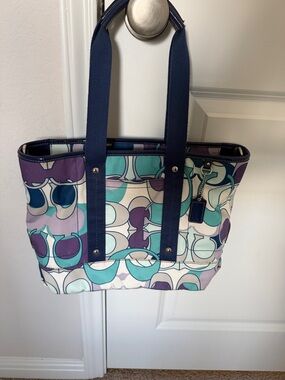 Coach Signature Print Tote with Crossbody Bag in Navy and Teal